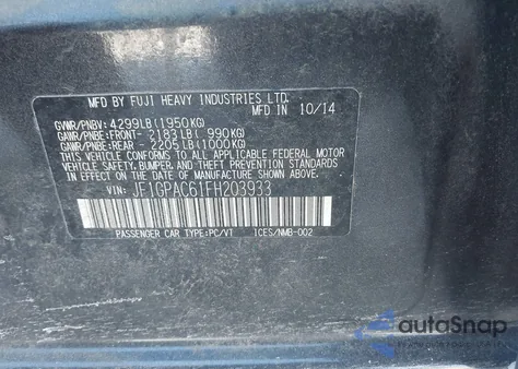 2015 Subaru Impreza 2.0I Premium from USA, damaged, VIN JF1GPAC61FH203933